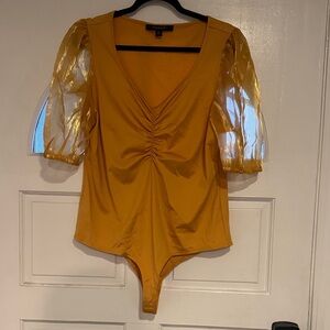 Elegant Gold Women's body suit with Sheer Sleeves
